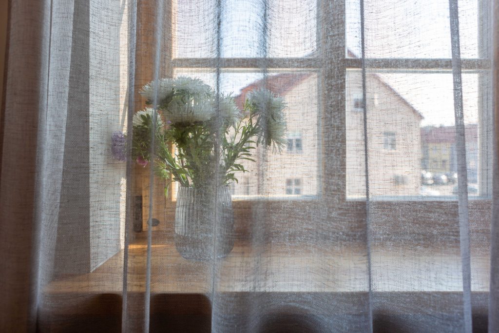 Skaidri rusvos spalvos dieninė užuolaida interjere