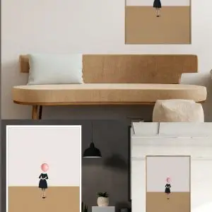 Minimalistinis paveikslas interjere mergaitė su uniforma ir balionu vietoje galvos