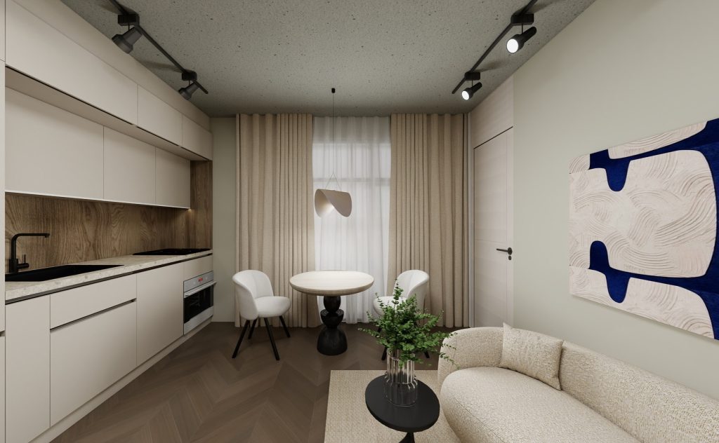 Užuolaidos nuo lubų iki grindų mažoje patalpoje, vizualiai didinančios erdvę