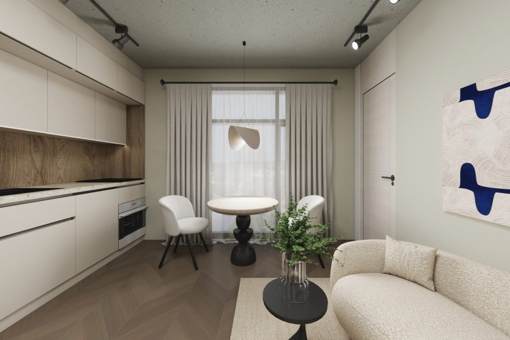 Užuolaidos ant sieninio karnizo interjere, vizualiai sumažinančios erdvės aukštį