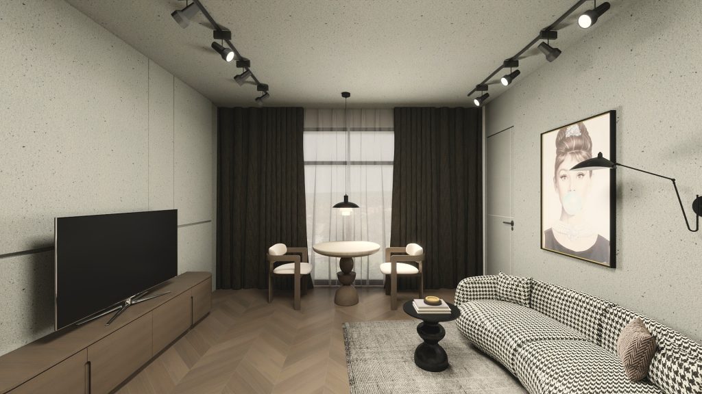 Tamsios naktinės ir pilkos dieninės užuolaidos interjere, su subalansuotu spalvų deriniu