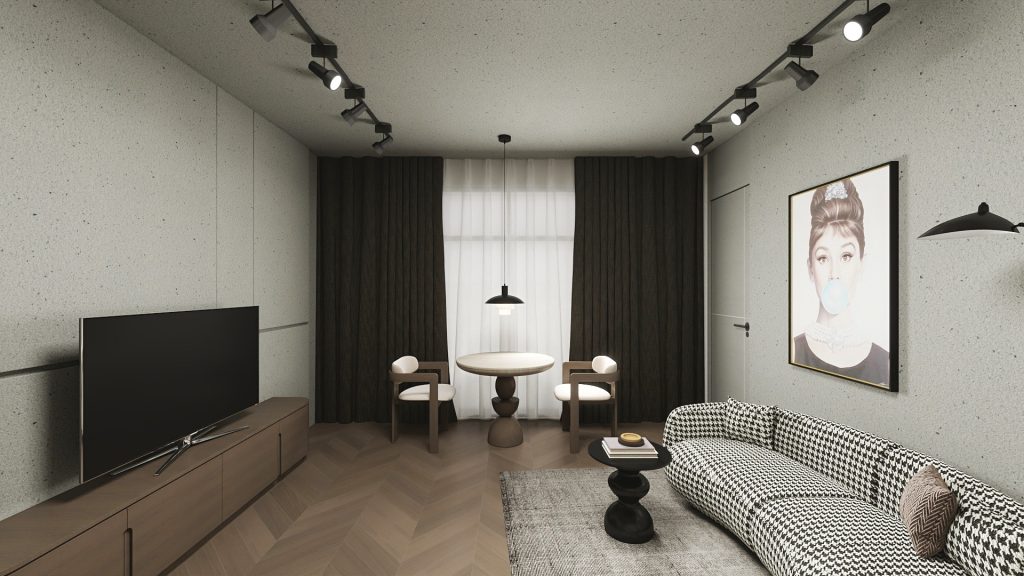 Tamsios naktinės ir akinančiai baltos dieninės užuolaidos interjere su per stipriu kontrastu