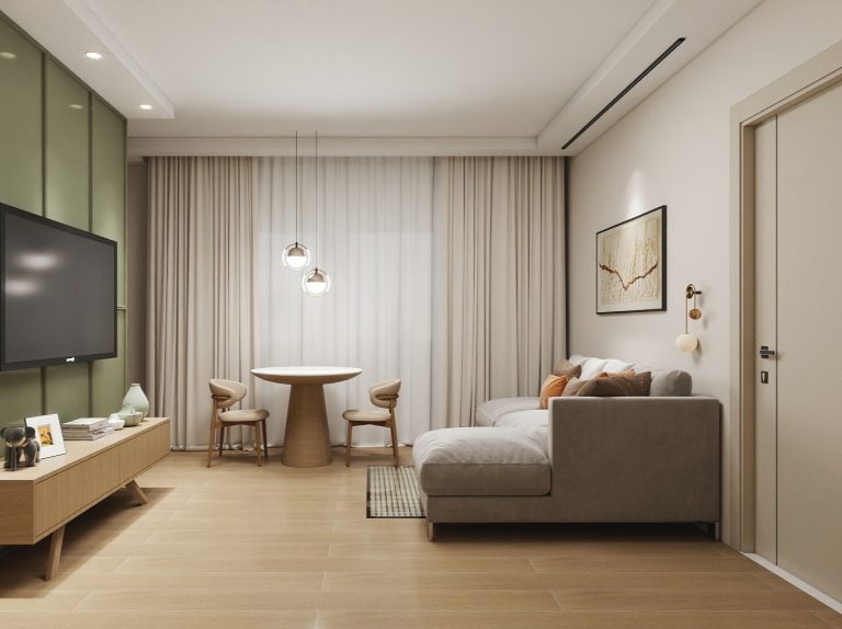 Užuolaidos derinamos prie interjero spalvų, sukuriant vientisą ir erdvų vaizdą