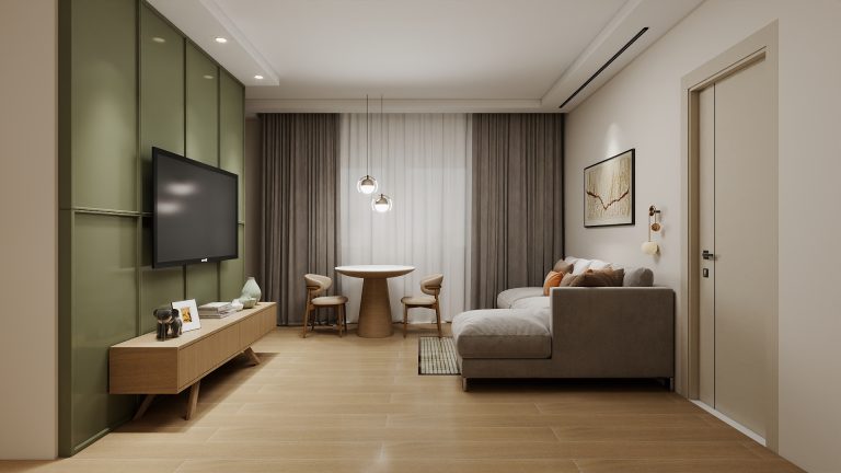 Skirtingos spalvos užuolaidos interjere, sukuriant kontrastą su bendru kambario dizainu