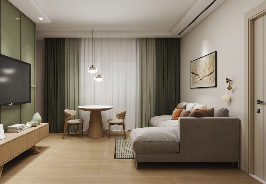 Žalios spalvos naktinės užuolaidos derančios prie sienų apdailos interjere